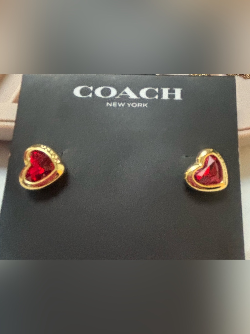 COACH Gold-Tone Heart Stud Earrings with Red Crystal Centers - Picture 2 of 6